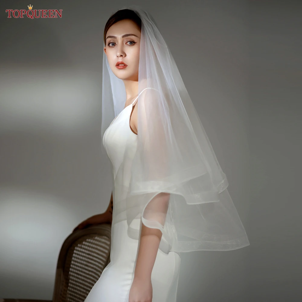 TOPQUEEN V69 Wedding Veil Fingertip Veil Two Tier Minimalist Bride Veil with Blusher Bridal Veils with Comb Dress Veil for Bride