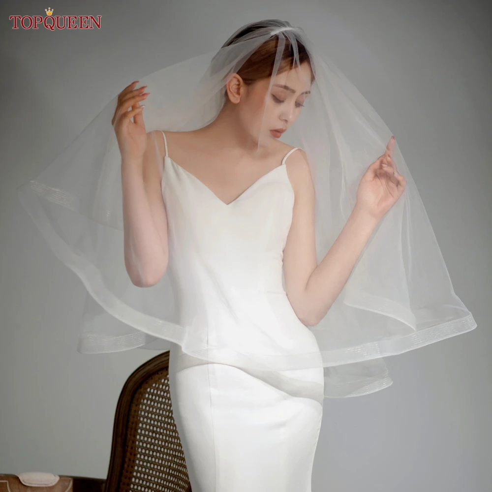 TOPQUEEN V69 Wedding Veil Fingertip Veil Two Tier Minimalist Bride Veil with Blusher Bridal Veils with Comb Dress Veil for Bride