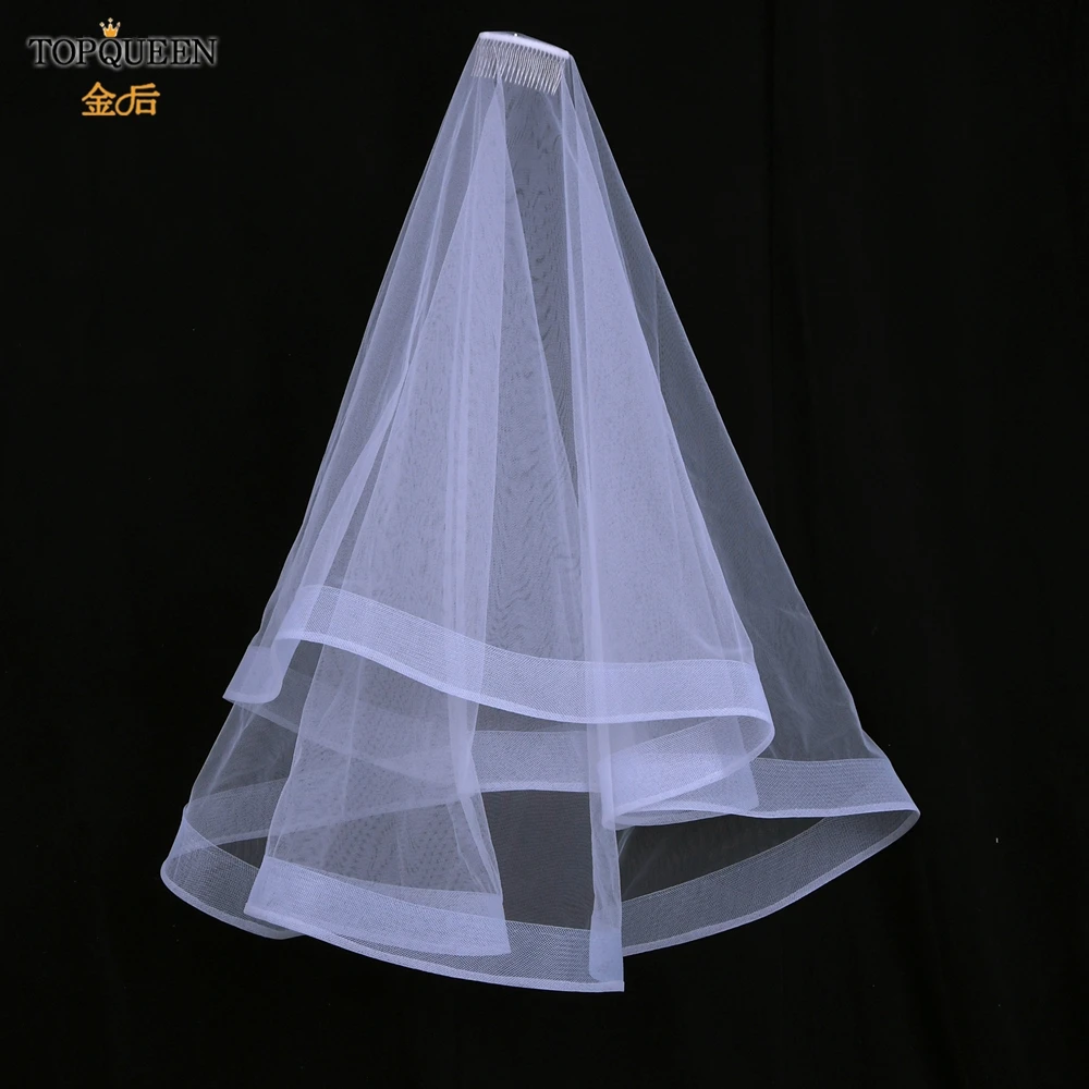 TOPQUEEN V69 Wedding Veil Fingertip Veil Two Tier Minimalist Bride Veil with Blusher Bridal Veils with Comb Dress Veil for Bride