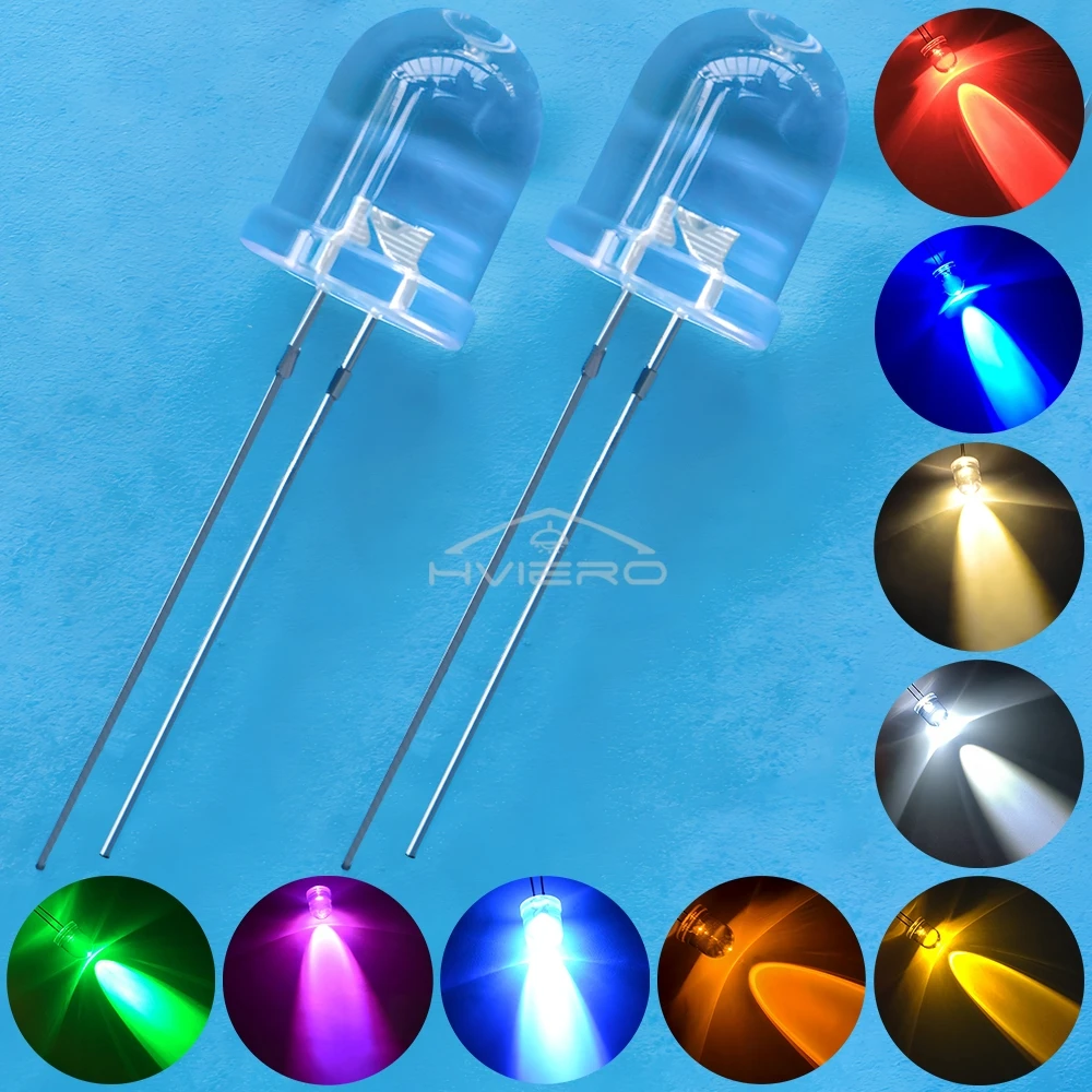 50Pcs 10mm Round Top Super Bright Lamp Beads Clear Emitting Diode LED White Red Green Blue Yellow UV Pink Orange Dome Light Bulb