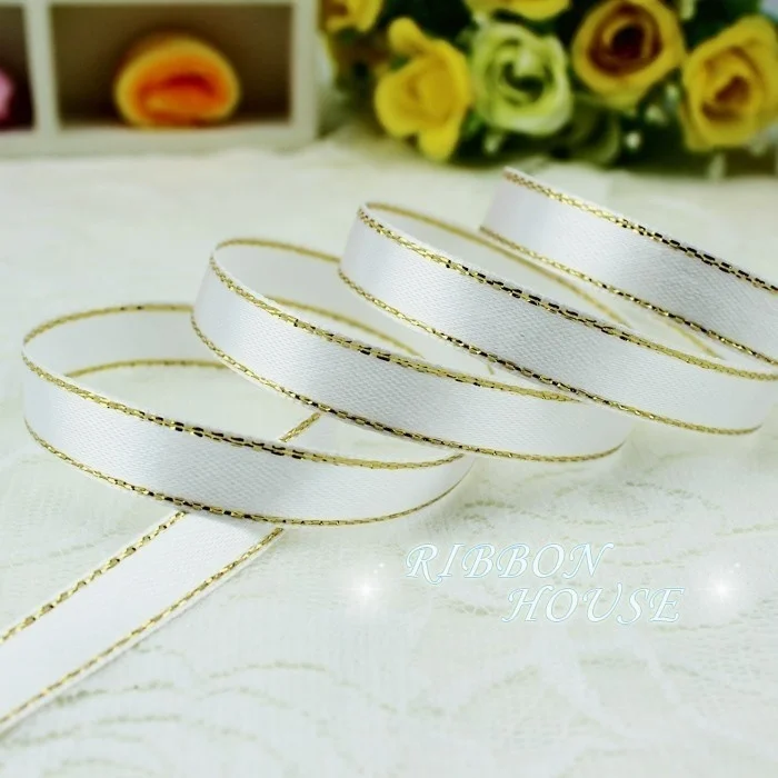 (25 Yards/Lot) 10mm Satin Ribbon White Gold Edge Wholesale High Quality Gift Packaging Ribbons
