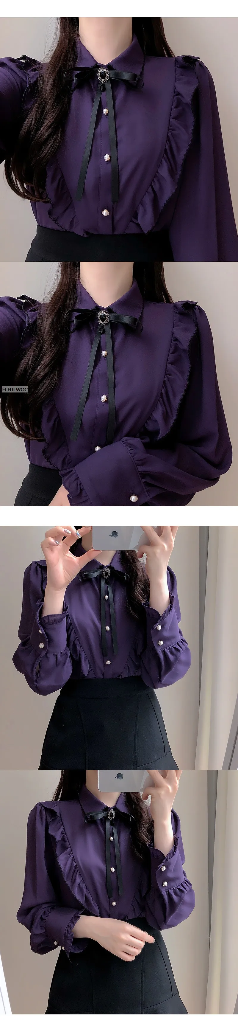 2025 Woman Cute Sweet Girls Thin Semi Transparent Ribbon Bow Tie Retro Vintalge Top Blusas Purple Green White Button Shirts
