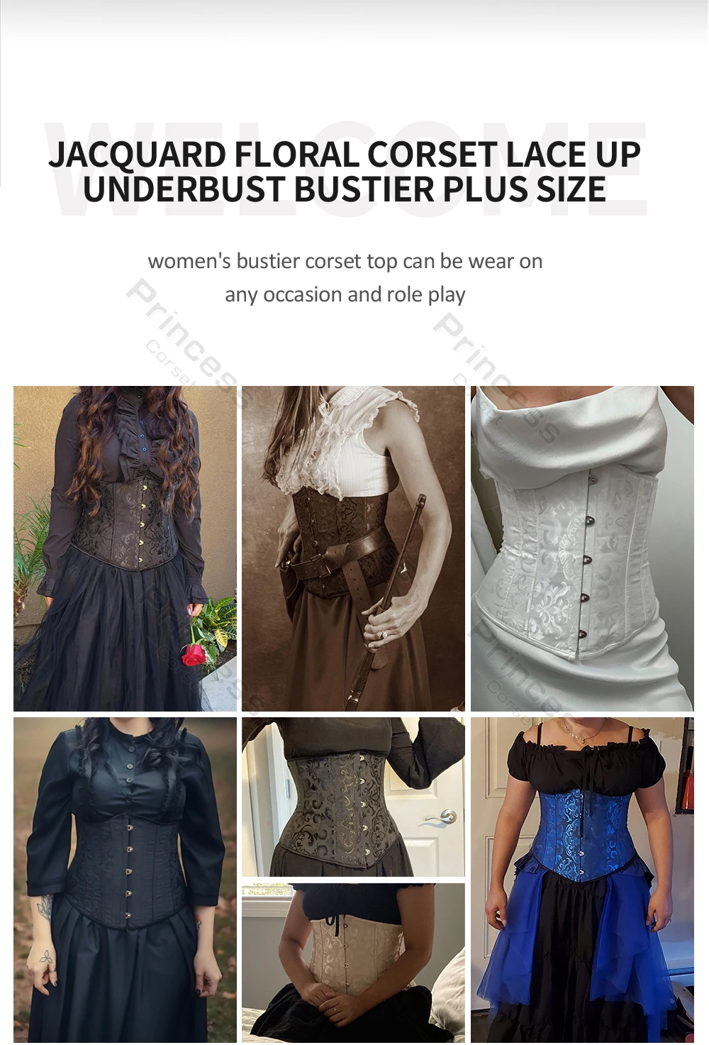 Underbust Corset Plus Size Gothic Corset Cincher Medieval Corsets for Women Jacquard Vintage Waist Corset Top Black White Purple