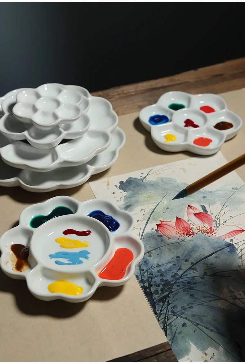 Plum Blossom 7-grid Ceramic Watercolor Palette Jingdezhen Firing Artist-grade Gouache Acrylic Paint Sub-packaging Ceramic Dish
