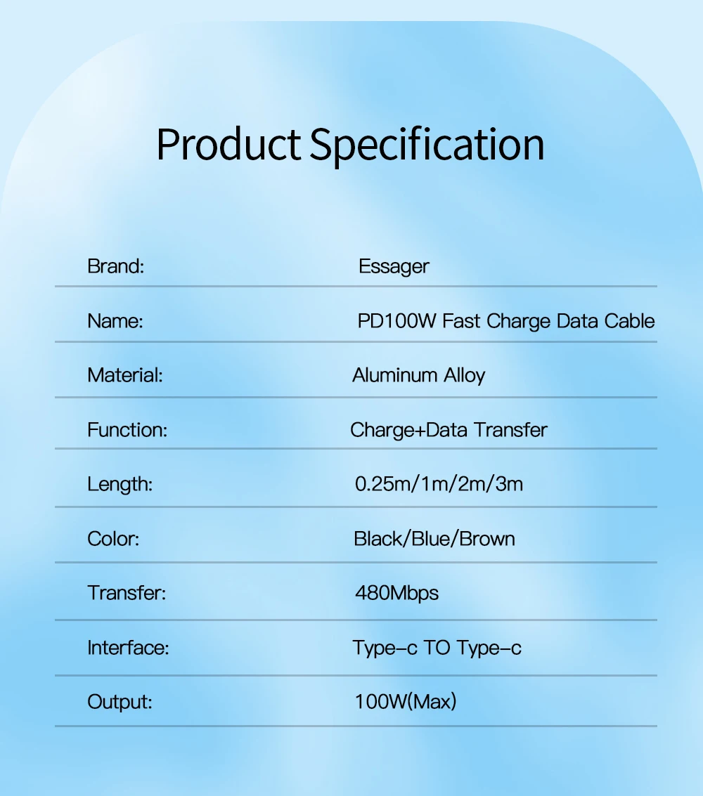 Essager PD100W 60W Type C C to C Cable Fast Charge Mobile Cell Phone Charging Cord Wire For Xiaomi Samsung Huawei Macbook iPad