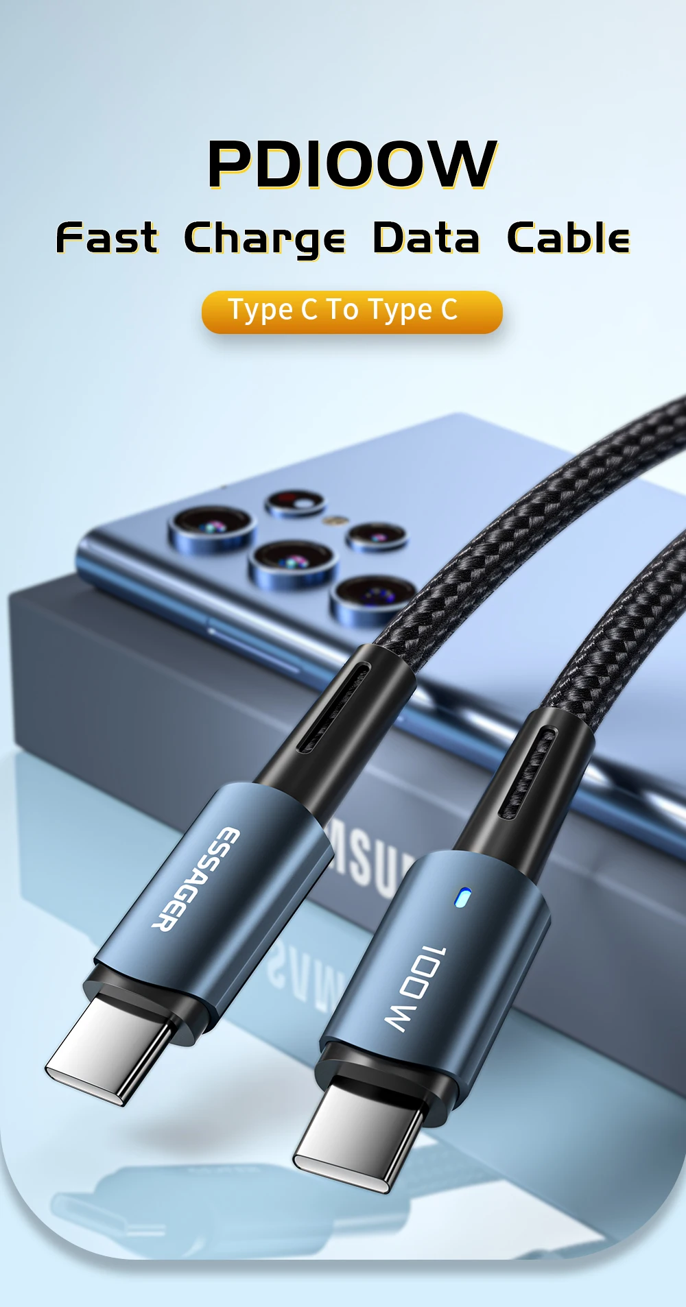 Essager PD100W 60W Type C C to C Cable Fast Charge Mobile Cell Phone Charging Cord Wire For Xiaomi Samsung Huawei Macbook iPad