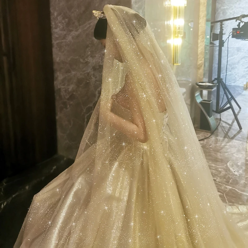 Topqueen V101 Sparking Wedding Veils Golden Bride Veil Cathedral Length Champagne Colored Sequins Royal Wedding Accessories