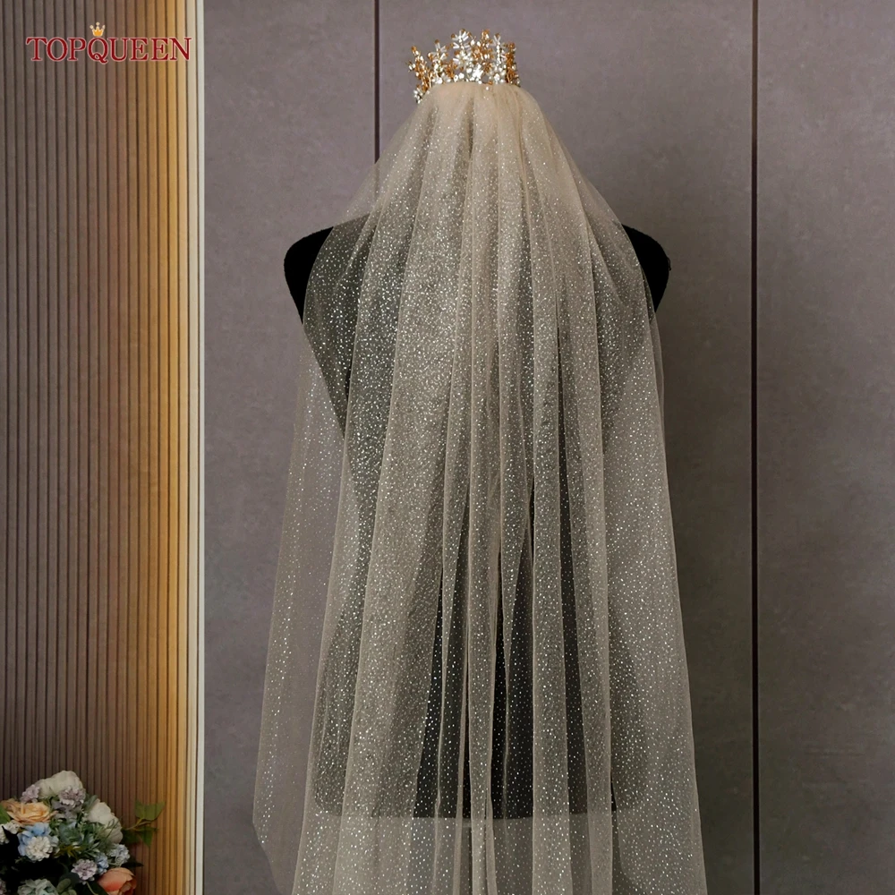 Topqueen V101 Sparking Wedding Veils Golden Bride Veil Cathedral Length Champagne Colored Sequins Royal Wedding Accessories