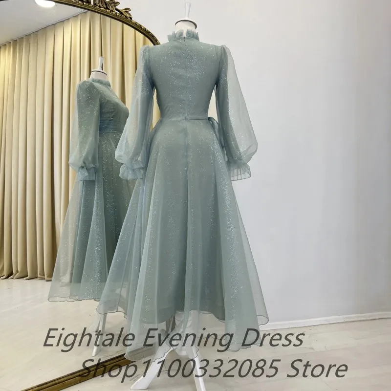 Customized Turkey Arabia Muslim Engagement Shinning Fabric Evening Dress Puff Sleeve Maxi Party Dress A Line Formal Gown