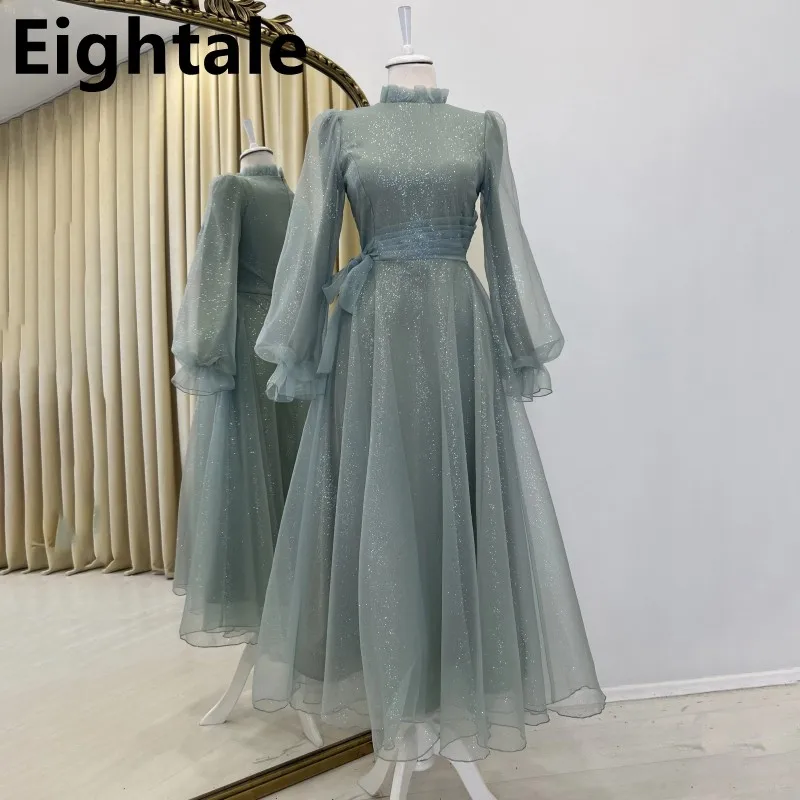Customized Turkey Arabia Muslim Engagement Shinning Fabric Evening Dress Puff Sleeve Maxi Party Dress A Line Formal Gown