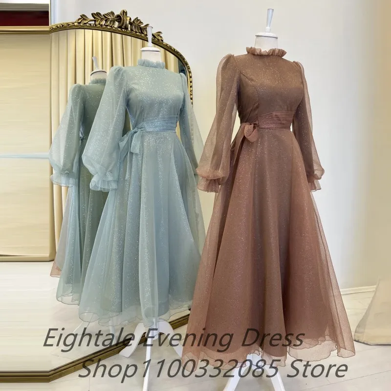 Customized Turkey Arabia Muslim Engagement Shinning Fabric Evening Dress Puff Sleeve Maxi Party Dress A Line Formal Gown