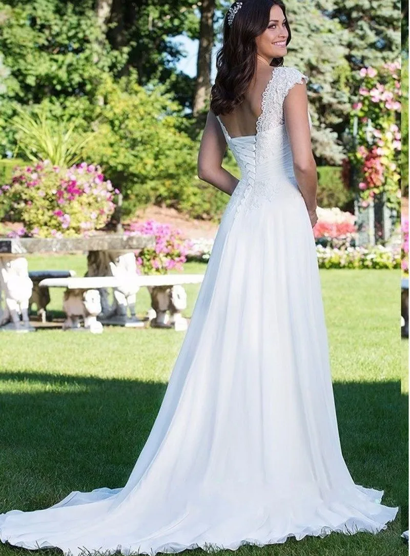 On Sale Summer Beach Wedding Gowns Lace Cap Sleeves V Neckline White Dress for Bride Sweep Train Bridal 2023