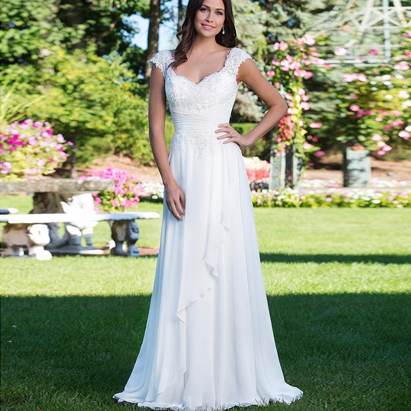 On Sale Summer Beach Wedding Gowns Lace Cap Sleeves V Neckline White Dress for Bride Sweep Train Bridal 2023