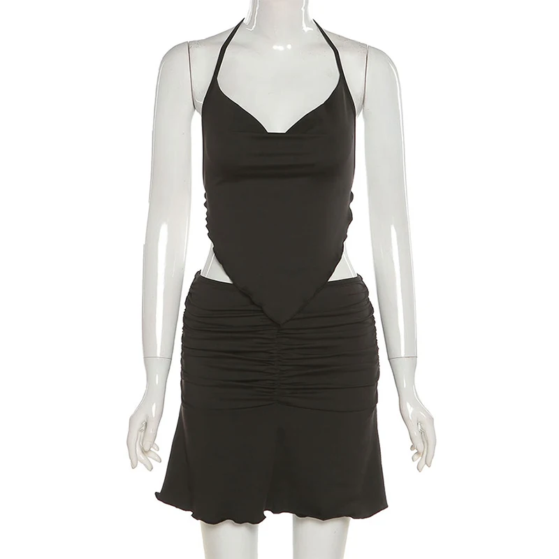 Summer Casual Pleated Skirt Sets Women Sleeveless Camisole And High Waist Short Skirts Suit 90s Y2k Trendy Beach Two-Piece Set