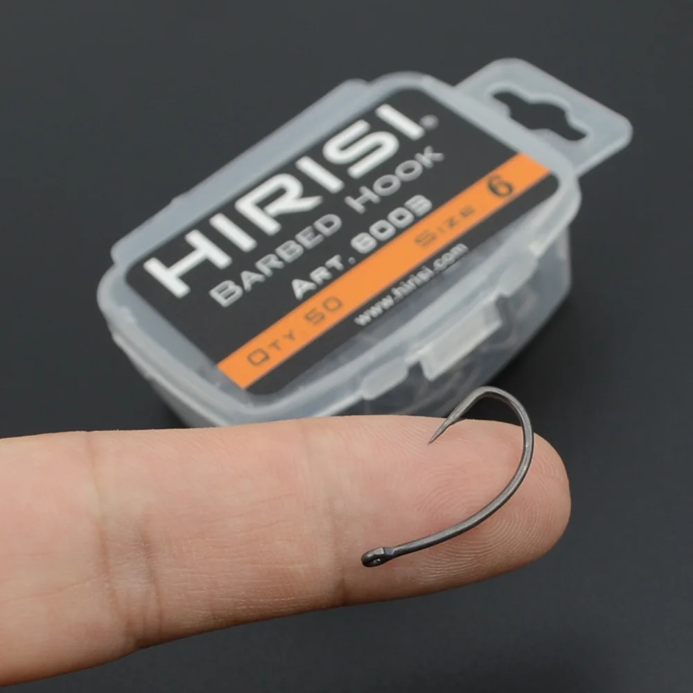 Hirisi 50pcs Coating High Carbon Stainless Steel Barbed Carp Fishing Hooks Pack with Retail Original Box 8003