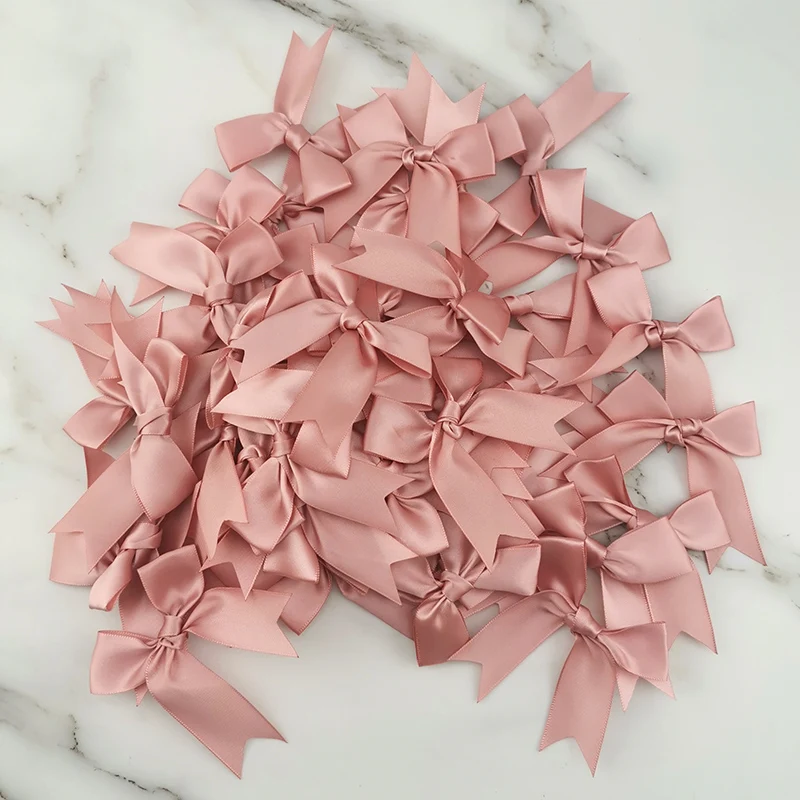 (50 Pcs/pack) 85*85mm Fresh Pink Ribbon Bows Small Size Satin Ribbon Bow Flower Craft Decoration Handwork DIY Party Decoration