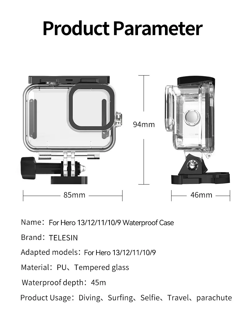 TELESIN 60M Waterproof Case For GoPro Hero 13 12 11 10 9 Underwater Diving Housing Cover With Dive Filter For Gopro Accessories