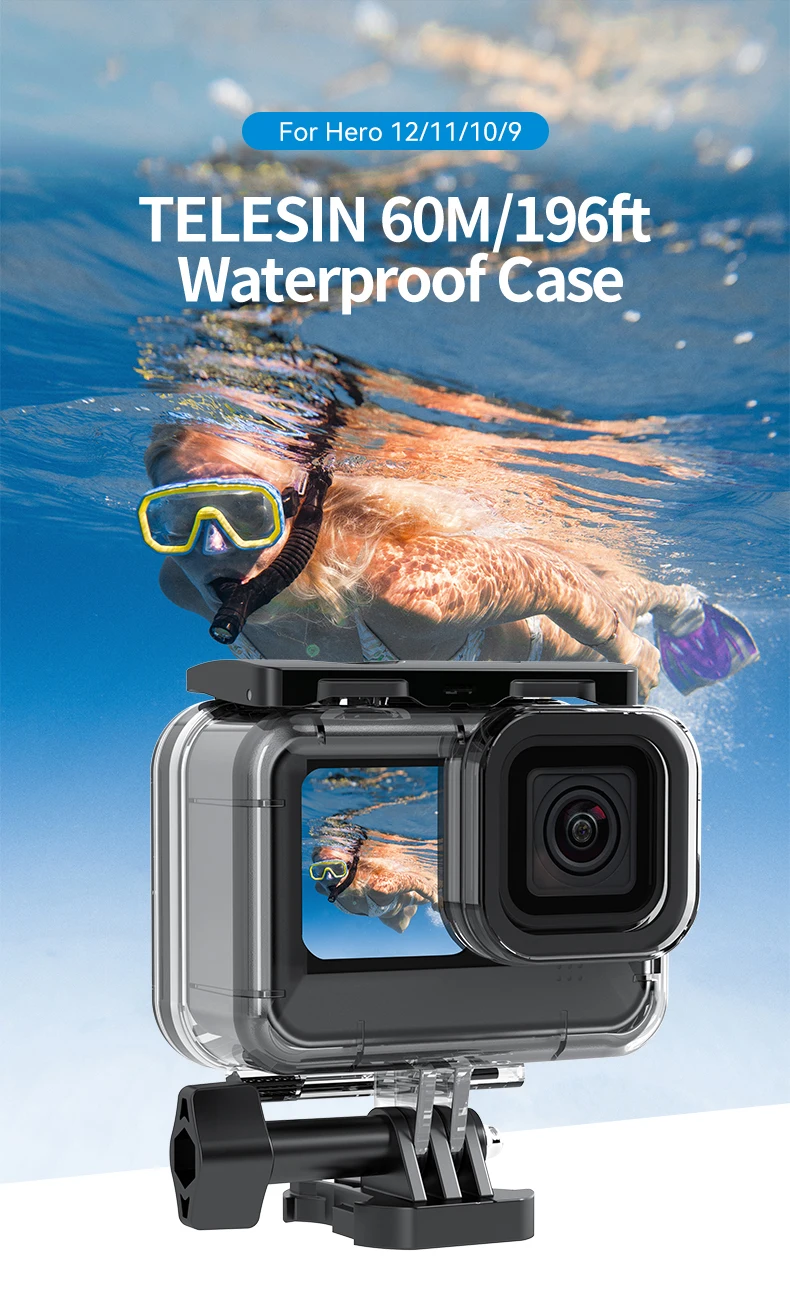 TELESIN 60M Waterproof Case For GoPro Hero 13 12 11 10 9 Underwater Diving Housing Cover With Dive Filter For Gopro Accessories