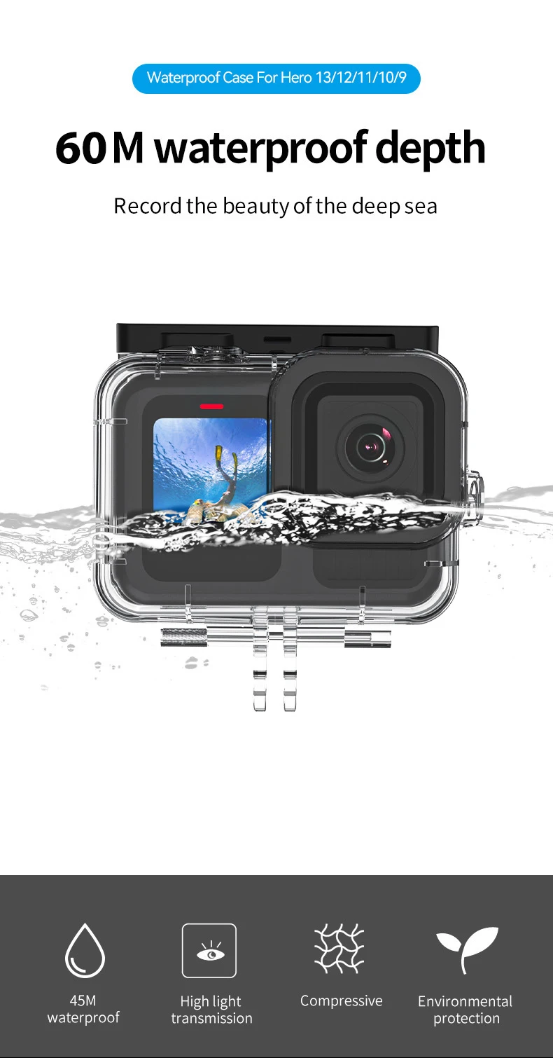 TELESIN 60M Waterproof Case For GoPro Hero 13 12 11 10 9 Underwater Diving Housing Cover With Dive Filter For Gopro Accessories
