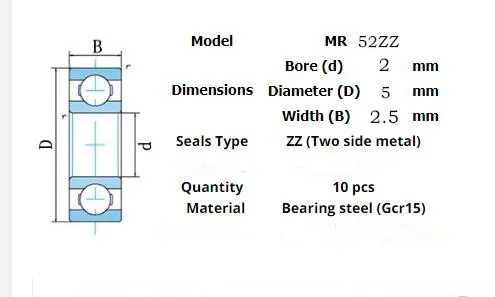 10pcs Miniature Metal Sealed Chrome Steel Bearings MR62ZZ MR72ZZ MR83ZZ MR93ZZ MR94ZZ MR104ZZ MR115ZZ MR126ZZ