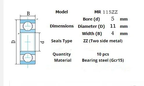 10pcs Miniature Metal Sealed Chrome Steel Bearings MR62ZZ MR72ZZ MR83ZZ MR93ZZ MR94ZZ MR104ZZ MR115ZZ MR126ZZ