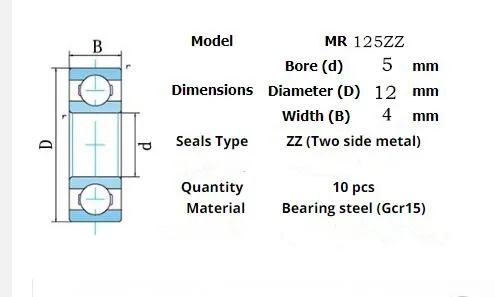 10pcs Miniature Metal Sealed Chrome Steel Bearings MR62ZZ MR72ZZ MR83ZZ MR93ZZ MR94ZZ MR104ZZ MR115ZZ MR126ZZ