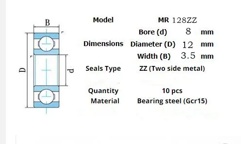 10pcs Miniature Metal Sealed Chrome Steel Bearings MR62ZZ MR72ZZ MR83ZZ MR93ZZ MR94ZZ MR104ZZ MR115ZZ MR126ZZ