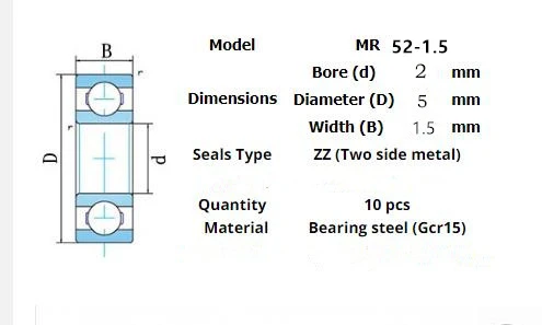 10pcs Miniature Metal Sealed Chrome Steel Bearings MR62ZZ MR72ZZ MR83ZZ MR93ZZ MR94ZZ MR104ZZ MR115ZZ MR126ZZ