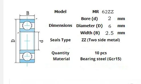 10pcs Miniature Metal Sealed Chrome Steel Bearings MR62ZZ MR72ZZ MR83ZZ MR93ZZ MR94ZZ MR104ZZ MR115ZZ MR126ZZ