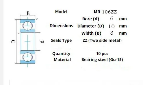 10pcs Miniature Metal Sealed Chrome Steel Bearings MR62ZZ MR72ZZ MR83ZZ MR93ZZ MR94ZZ MR104ZZ MR115ZZ MR126ZZ