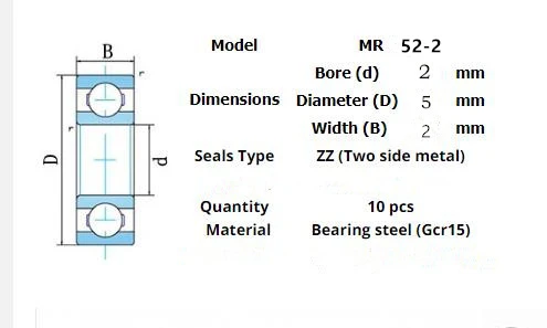 10pcs Miniature Metal Sealed Chrome Steel Bearings MR62ZZ MR72ZZ MR83ZZ MR93ZZ MR94ZZ MR104ZZ MR115ZZ MR126ZZ