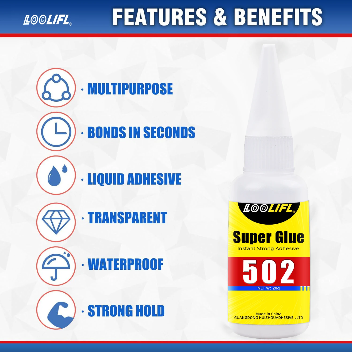 LOOLIFL 502 Super Glue 20g, Industrial Strength Instant Adhesive, Low Odor, Long Lasting Bond for Metal, Plastic,DIY Craft Tools