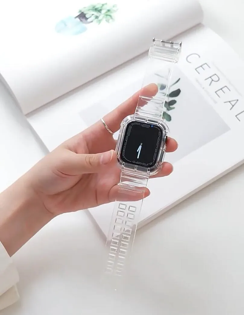 Clear Band + Case for Apple Watch Series 12 11 10 9 8 SE 7 6 5 Transparent Silicone Strap for iWatch 49mm 45 44 42 46 38 40 41mm