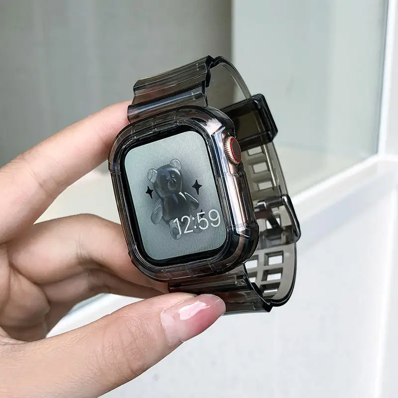 Clear Band + Case for Apple Watch Series 12 11 10 9 8 SE 7 6 5 Transparent Silicone Strap for iWatch 49mm 45 44 42 46 38 40 41mm