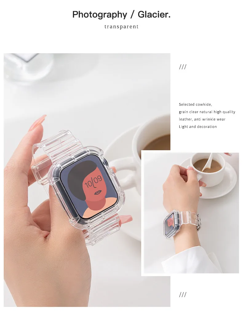 Clear Band + Case for Apple Watch Series 12 11 10 9 8 SE 7 6 5 Transparent Silicone Strap for iWatch 49mm 45 44 42 46 38 40 41mm