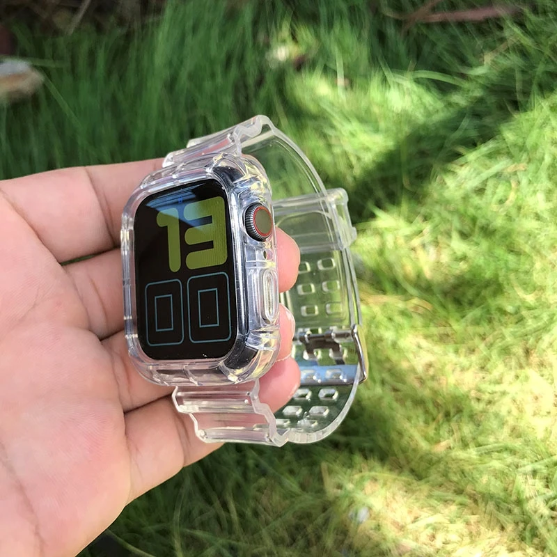 Clear Band + Case for Apple Watch Series 12 11 10 9 8 SE 7 6 5 Transparent Silicone Strap for iWatch 49mm 45 44 42 46 38 40 41mm
