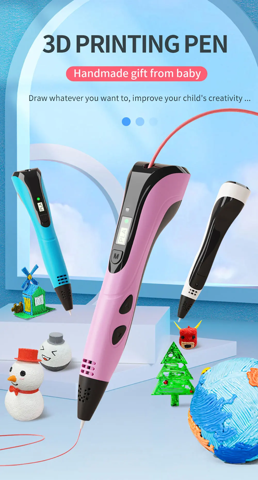 New Children's 3D Pen 3D Printing Pen with LCD Screen 200M PLA and Power Adapter Travel Case Christmas Birthday Gift for Kids