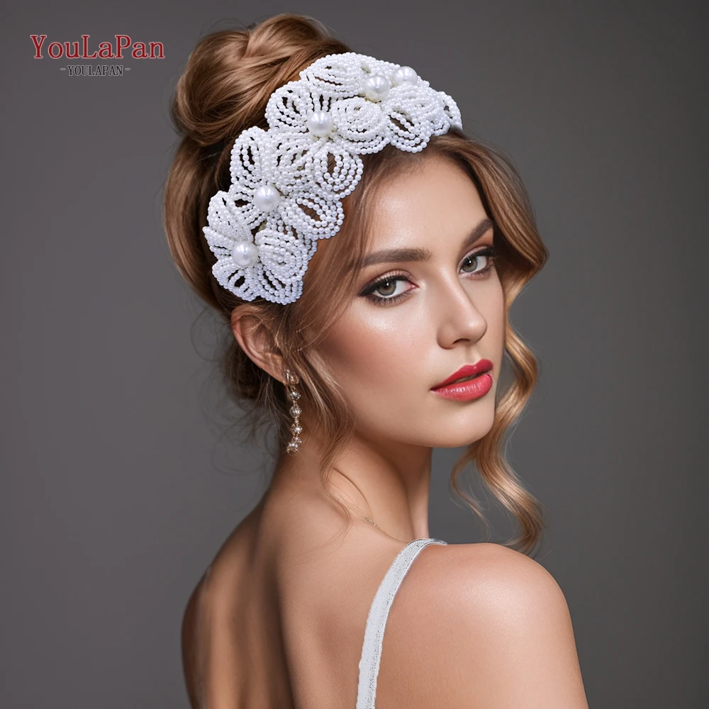 TOPQUEEN Beaded Flower Bridal Hair Hoop Headwear Fashion Women Pearl Hair Accessories Bridal Wedding Luxury Jewelry HP697