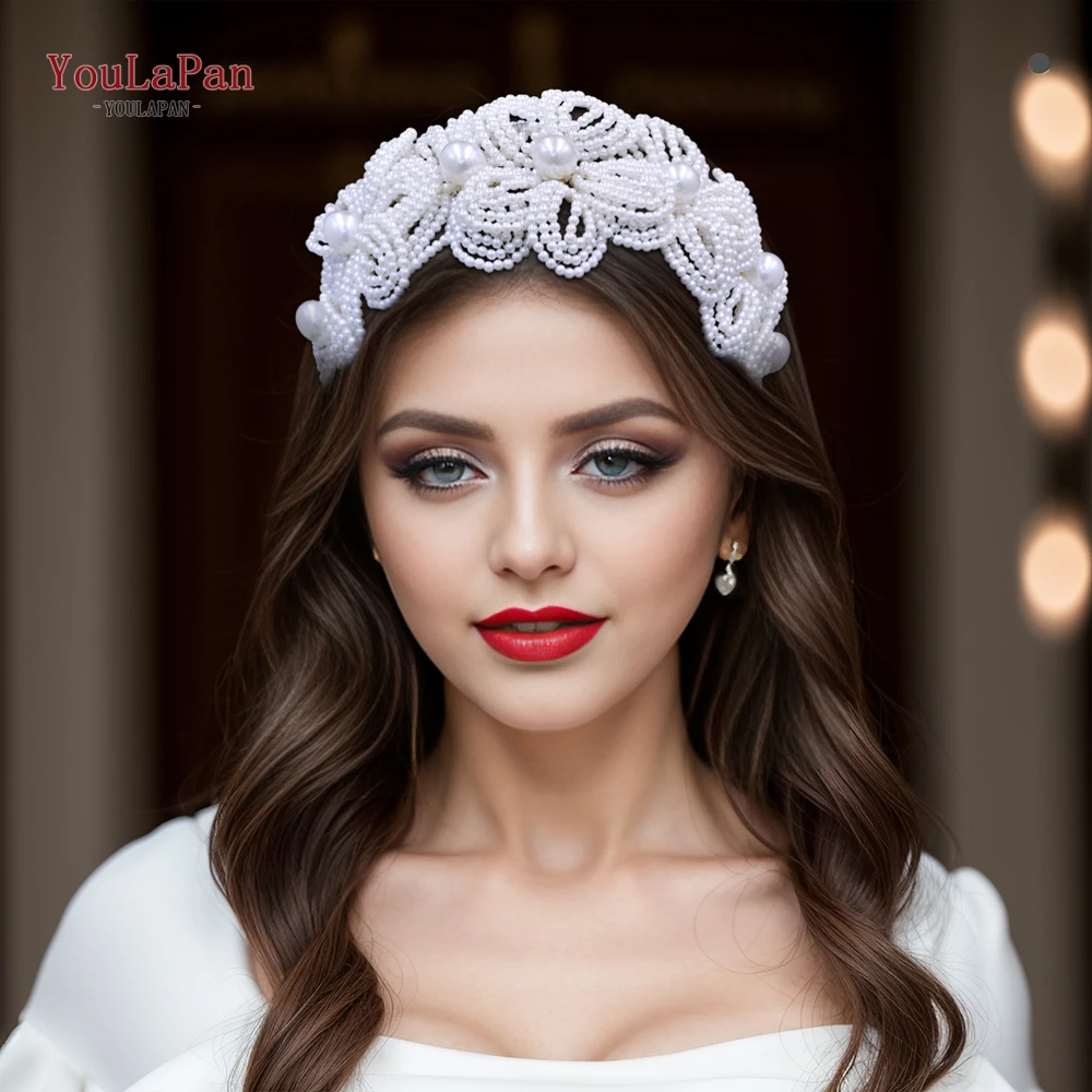 TOPQUEEN Beaded Flower Bridal Hair Hoop Headwear Fashion Women Pearl Hair Accessories Bridal Wedding Luxury Jewelry HP697