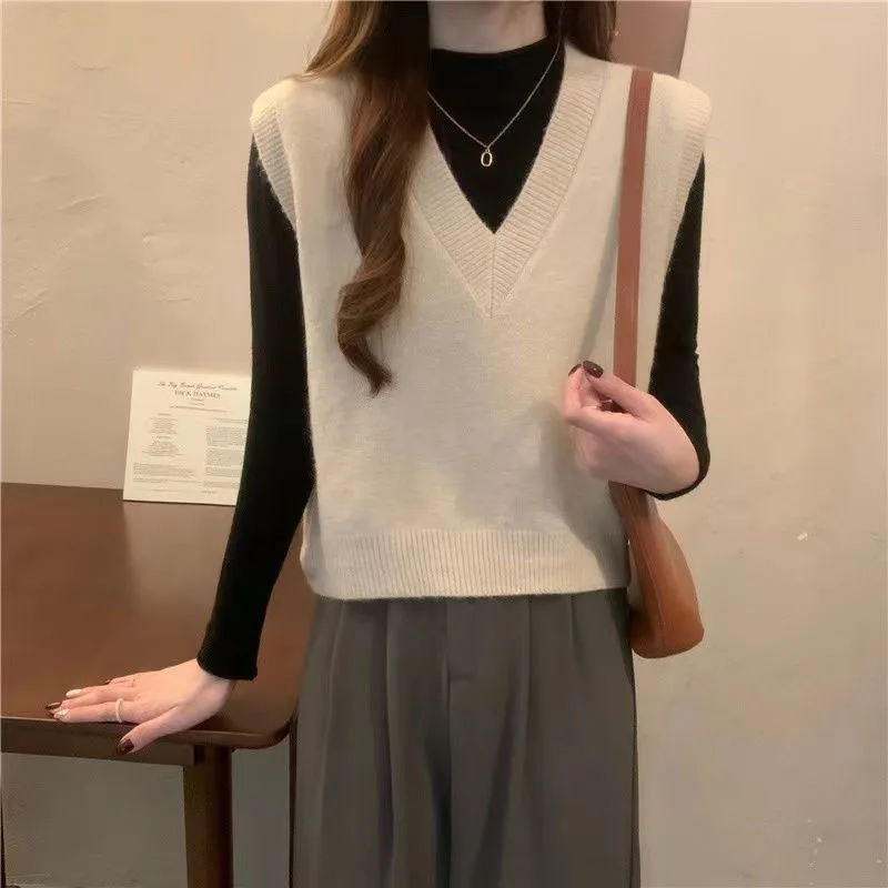 Xpqbb Spring Autumn New V-neck Knitted Vest Women Vintage Sleeveless Sweater Waistcoat Female Korean Chic Cropped Knit Tops