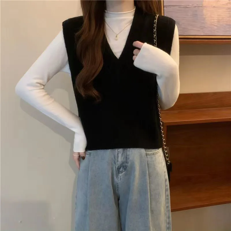 Xpqbb Spring Autumn New V-neck Knitted Vest Women Vintage Sleeveless Sweater Waistcoat Female Korean Chic Cropped Knit Tops