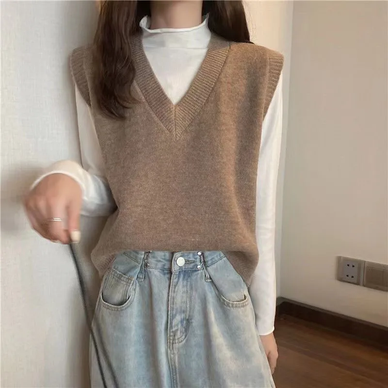 Xpqbb Spring Autumn New V-neck Knitted Vest Women Vintage Sleeveless Sweater Waistcoat Female Korean Chic Cropped Knit Tops