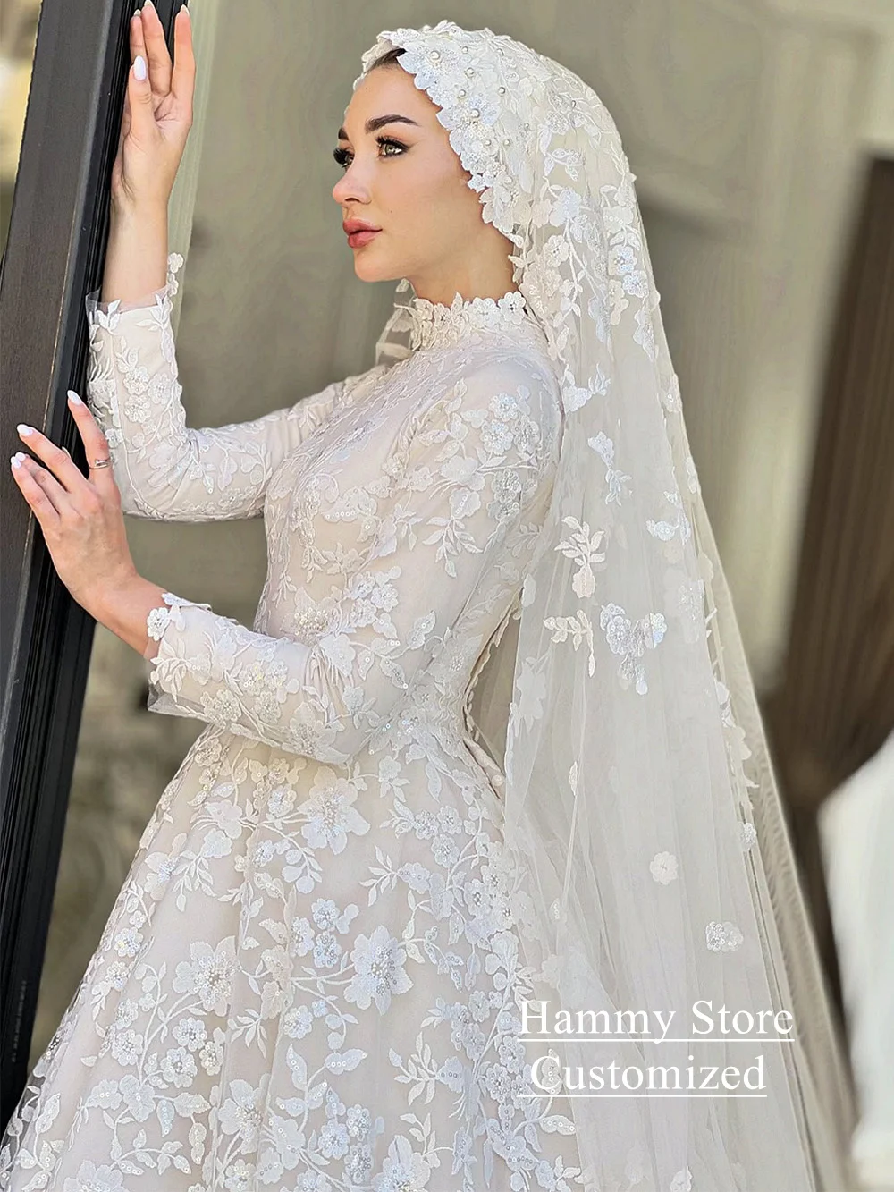 Exquisite Lace Wedding Dress Customized Musilum Bridal Gown High Neck Long Sleeves Sweep Train A Line Arabian Bridal Gown