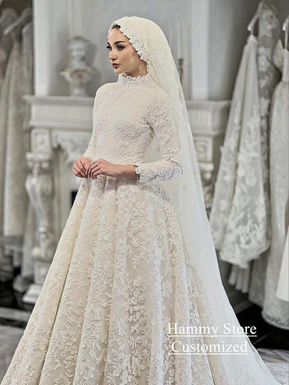 Exquisite Lace Wedding Dress Customized Musilum Bridal Gown High Neck Long Sleeves Sweep Train A Line Arabian Bridal Gown