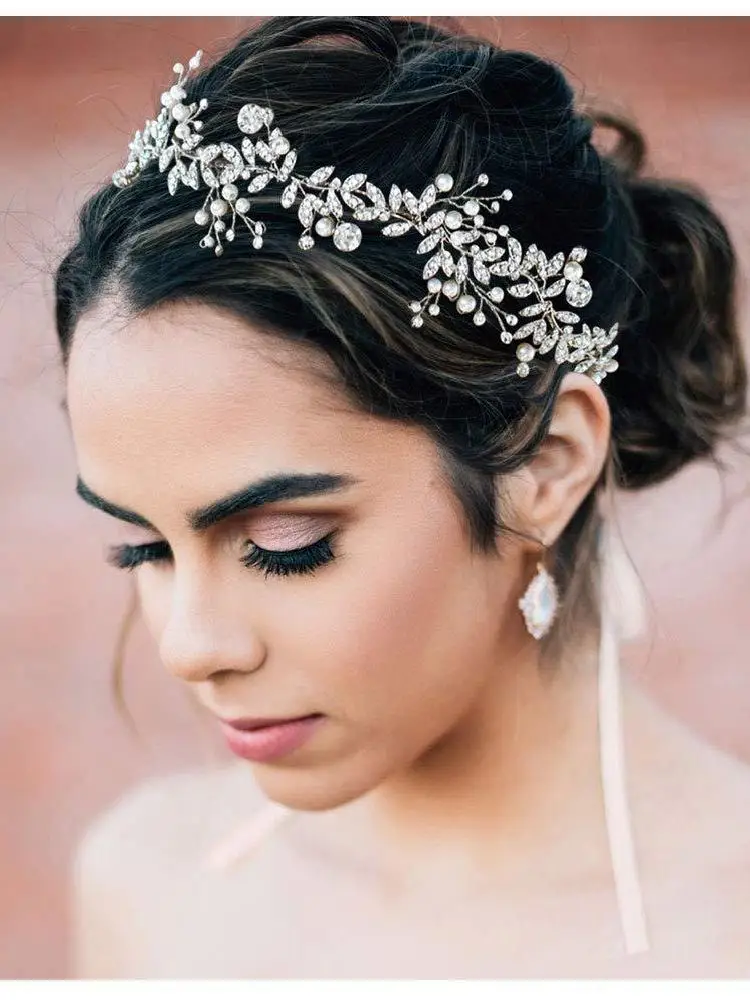 New Crystal Flower Headband Ribbon Bow Hairband for Bride Wedding Hair Accessories Pearl Head Flower Headbands Women Headwear