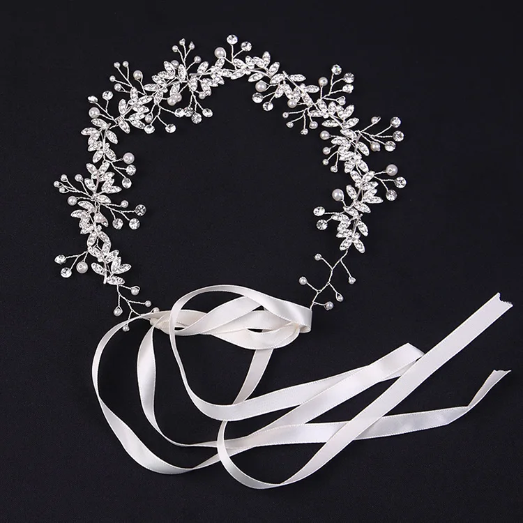 New Crystal Flower Headband Ribbon Bow Hairband for Bride Wedding Hair Accessories Pearl Head Flower Headbands Women Headwear