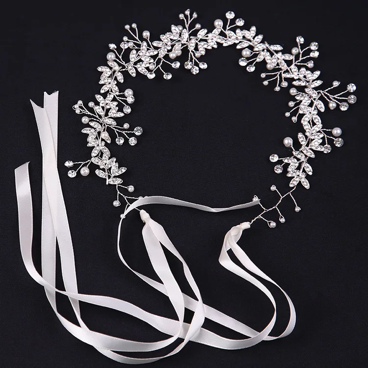 New Crystal Flower Headband Ribbon Bow Hairband for Bride Wedding Hair Accessories Pearl Head Flower Headbands Women Headwear