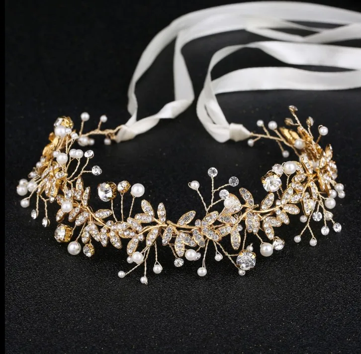 New Crystal Flower Headband Ribbon Bow Hairband for Bride Wedding Hair Accessories Pearl Head Flower Headbands Women Headwear