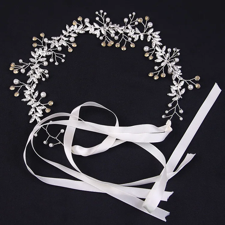 New Crystal Flower Headband Ribbon Bow Hairband for Bride Wedding Hair Accessories Pearl Head Flower Headbands Women Headwear