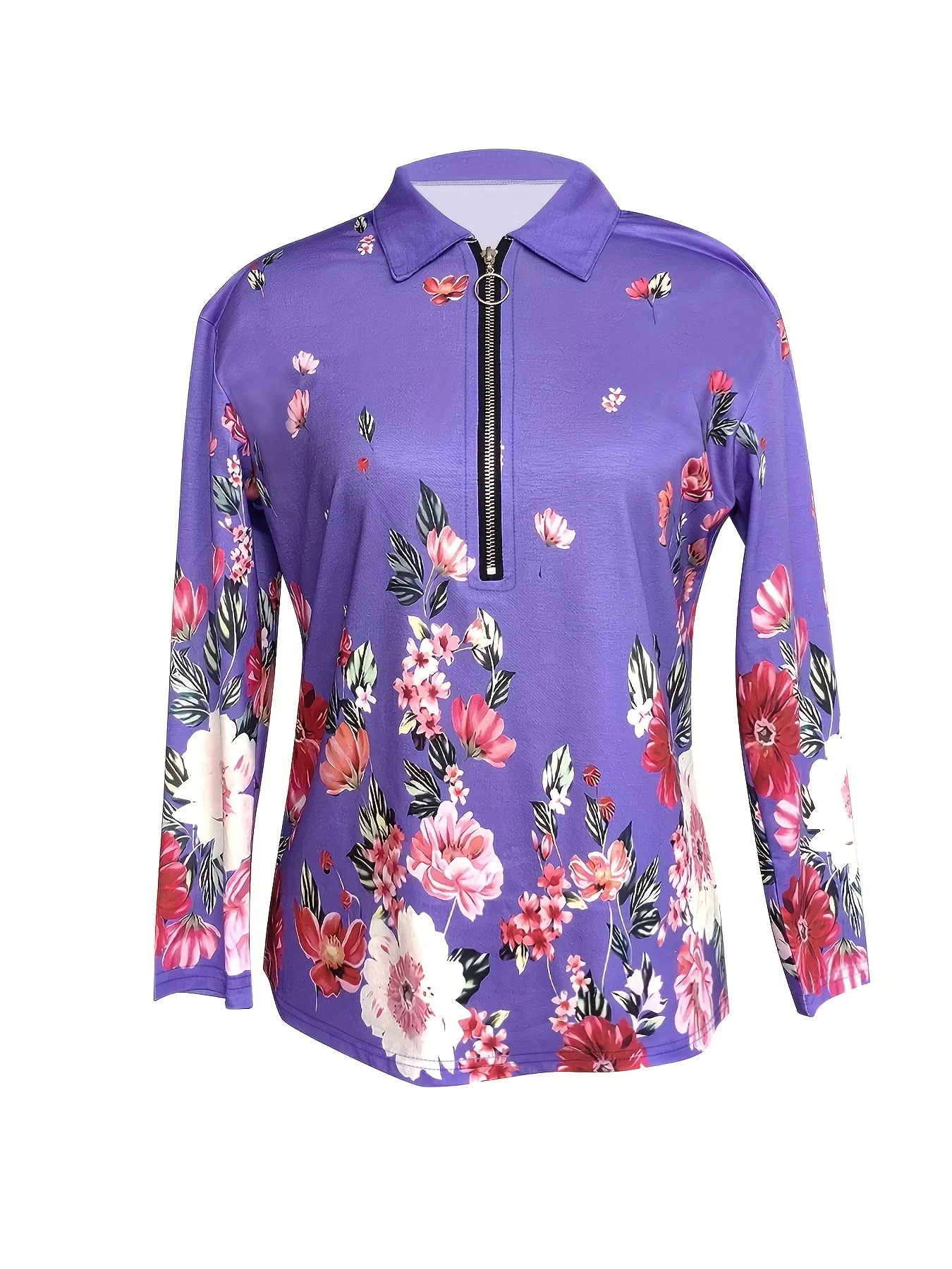 Women's Fashion Zipper Flower Print Long sleeved Top